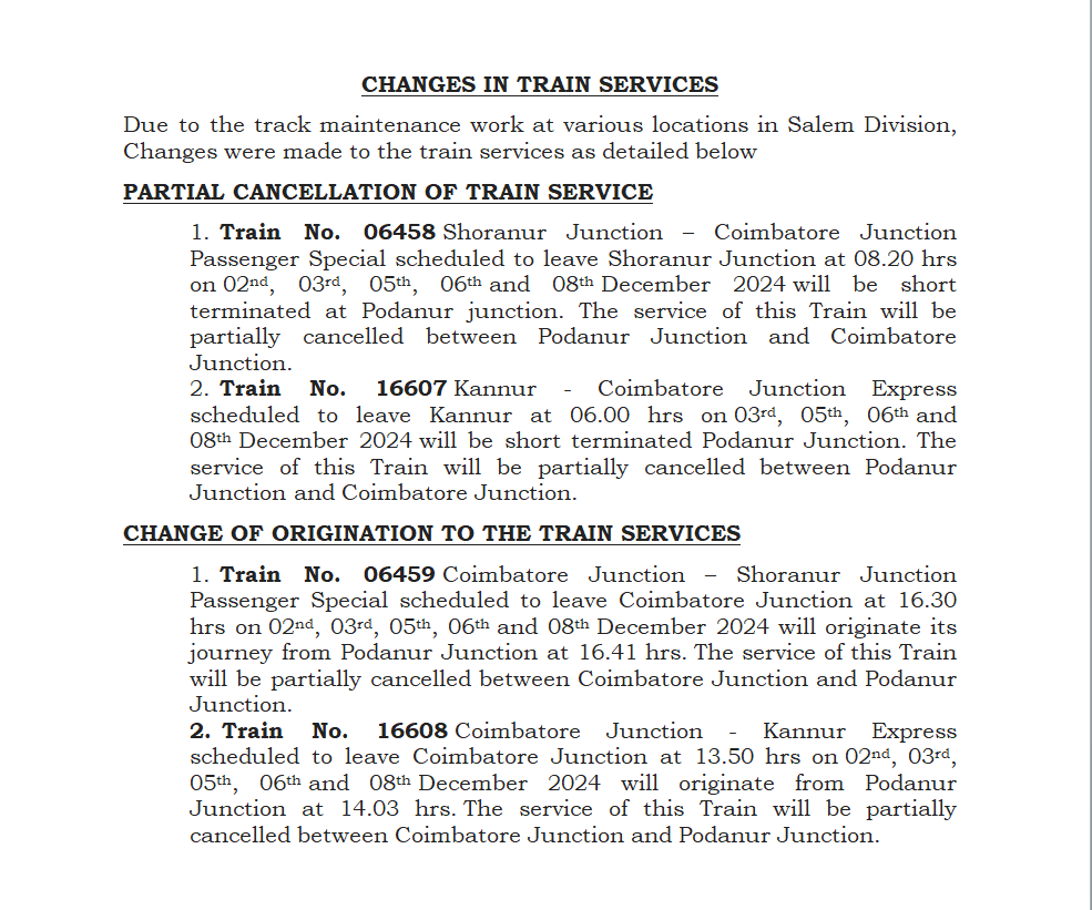 DRMPalghat's tweet image. CHANGES IN TRAIN SERVICES

Due to the track maintenance work at various locations in Salem Division, Changes were made to the train services as detailed below:
#IndianRailways 
#SouthernRailway 
#TrackMaintenance
#TrainUpdate
#Salem