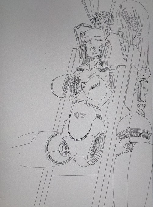 リクエスト暁楓さんの線画です
頭部以外は全て機械へと置き換わっているとの事なので脳への負担チェックと食道、下顎の一部に取り付けた調整器具と機体の摺合せ(拒否反応含む)をテストしているイメージで描かせていただきました 