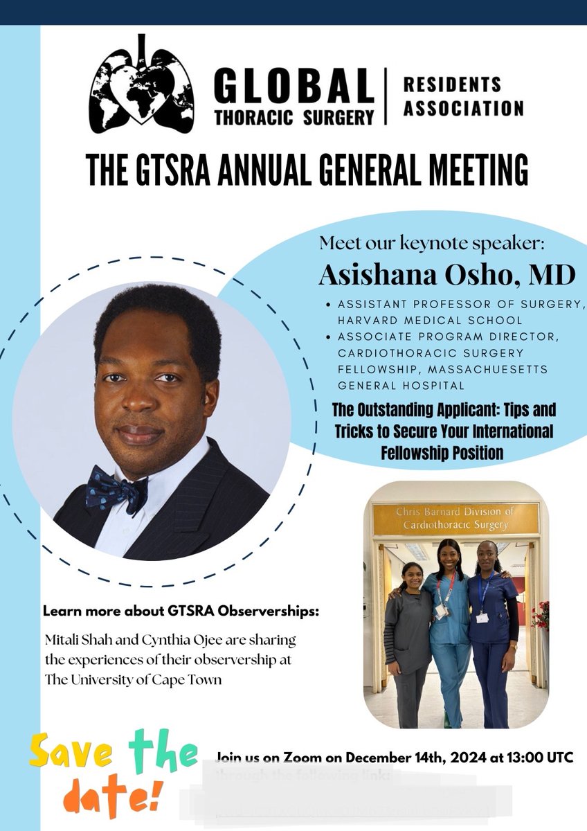 Global Thoracic Surgery Residents Association (@globaltsra) on Twitter photo We're excited to announce the date of our annual general meeting on Dec. 14th 2024 at 1:00 pm UTC!! Our keynote speaker <a href="/AsishanaOsho/">Asishana Osho, MD, MPH</a> from <a href="/mghctsurgery/">MGH CT Surgery Residency Program</a> <a href="/MGHSurgery/">Mass General Surgery</a> will provide valuable tips for those seeking international fellowships in CT surgery. You don't want to miss! We're excited to announce the date of our annual general meeting on Dec. 14th 2024 at 1:00 pm UTC!! Our keynote speaker <a href="/AsishanaOsho/">Asishana Osho, MD, MPH</a> from <a href="/mghctsurgery/">MGH CT Surgery Residency Program</a> <a href="/MGHSurgery/">Mass General Surgery</a> will provide valuable tips for those seeking international fellowships in CT surgery. You don't want to miss!