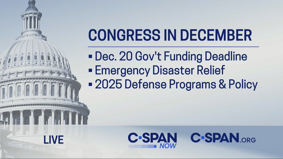 CraigCaplan's tweet image. Congress returns this week from its Thanksgiving break facing a 12/20 gov&apos;t shutdown deadline w/plans to take up disaster aid,defense pgrms &amp;amp; farm bill extension before adjourning for the yr. Watch all the House &amp;amp; Senate debates &amp;amp; votes on @cspan networks. c-span.org/congress/