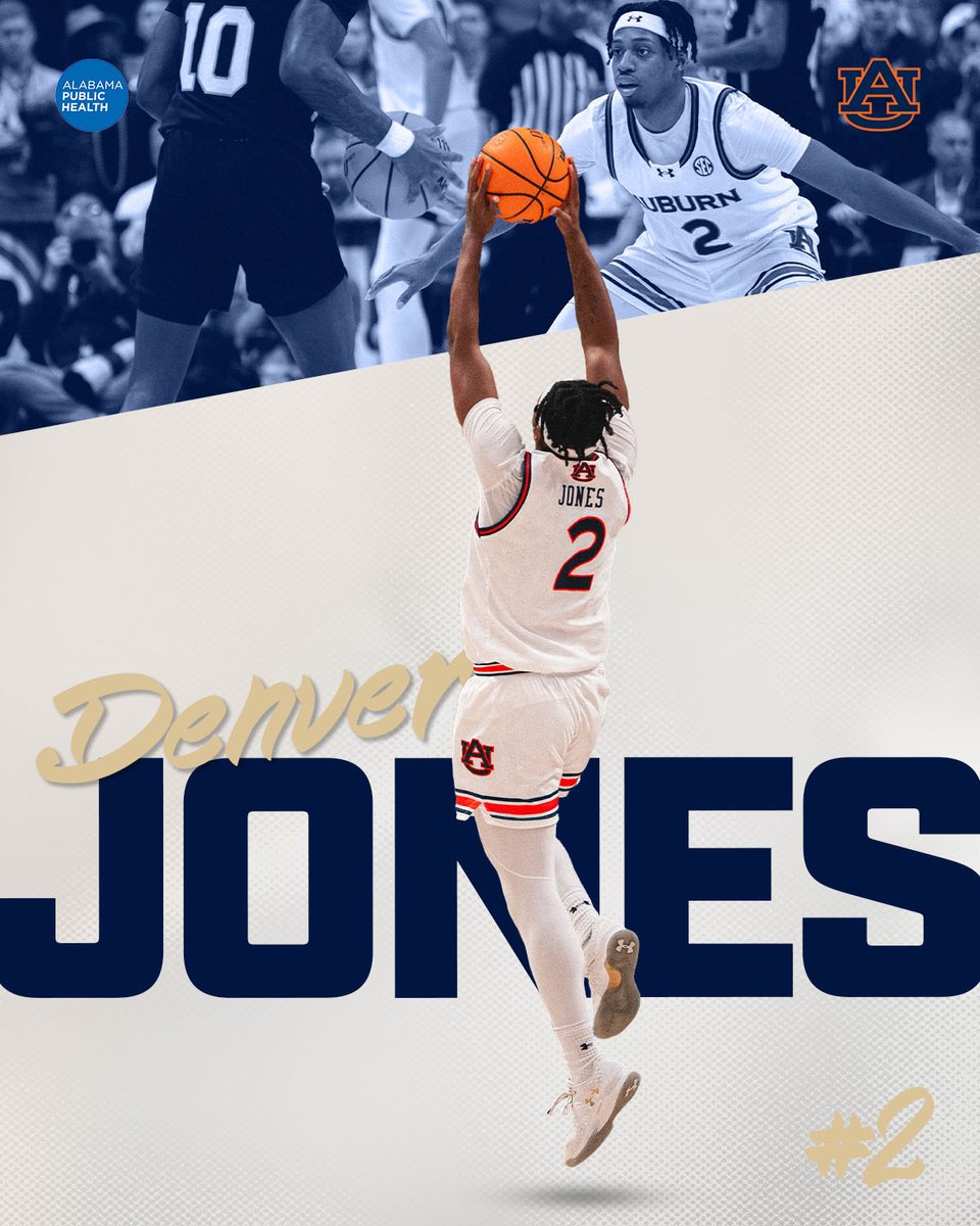 Denver Jones, Auburn’s #2, is ready to take on Purdue! Known for his clutch scoring, incredible offense, and sharp shooting, Denver dominates on both ends of the court. Catch him bringing the heat to Legacy Arena on Dec 21st! #WarEagle 🦅 #battleinBham | <a href="/AuburnMBB/">Auburn Basketball</a>