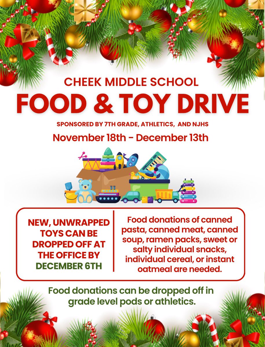 Here we go! Please don’t forget the food and to drives going on this week and next.  Details on the pic below! Please help NJHS support two great causes this season. Drop off in car line or have your student bring to the office or Mrs. Fields.
