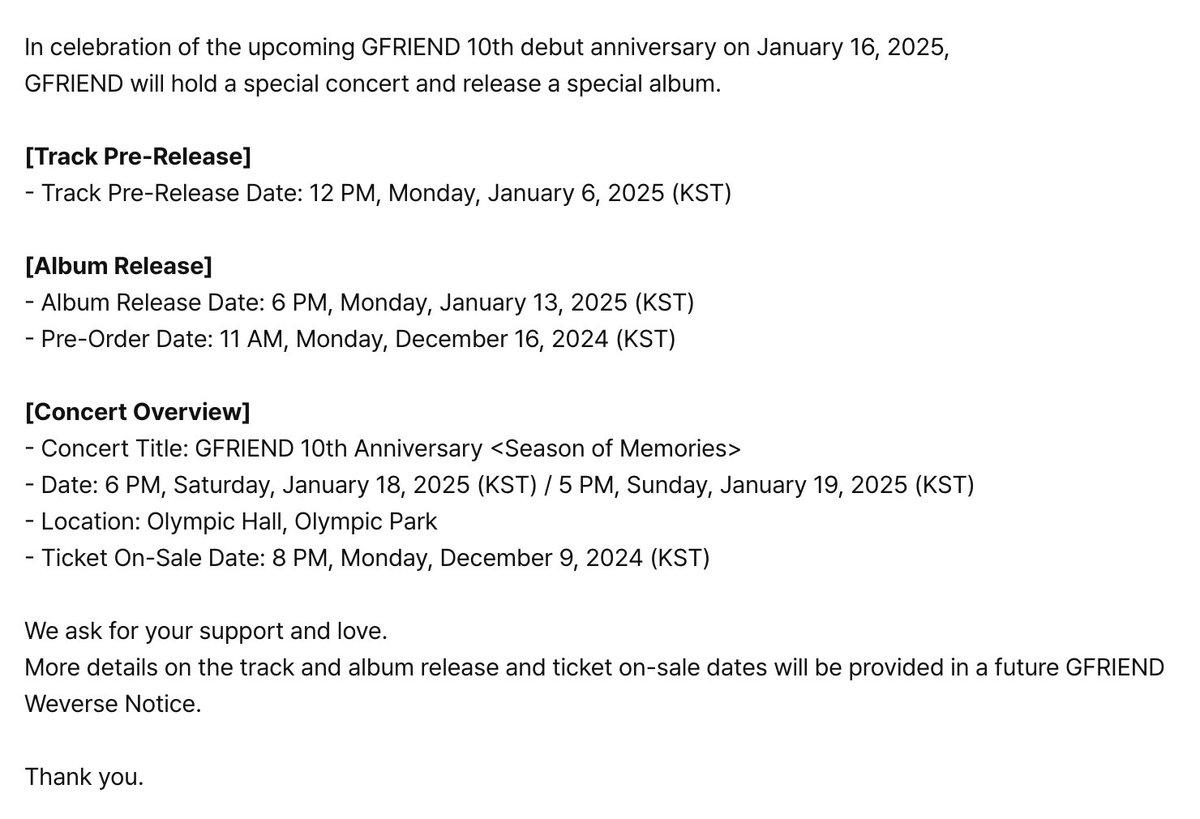 GFS_backup's tweet photo. [INFO] 241202 - GFRIEND to release Special Album and hold a Concert for their 10th Anniversary

Track Pre-Release: January 6th, 12PM
Album Release: January 13th, 6PM
Concert: Jan 18th &amp; 19th, 5PM

#GFRIEND https://t.co/eCtrV5iwov