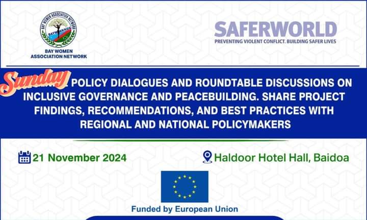 Baywan_network's tweet photo. Bay Women Association Network (BAYWAN), in partnership with #Saferworld and the #EuropeanUnion, successfully held the second phase of our initiative on November 2024 at Haldoor Hotel Hall, Baidoa.
 #Peacebuilding #Baidoa #BAYWAN #EuropeanUnion https://t.co/JNXqBl7kkt