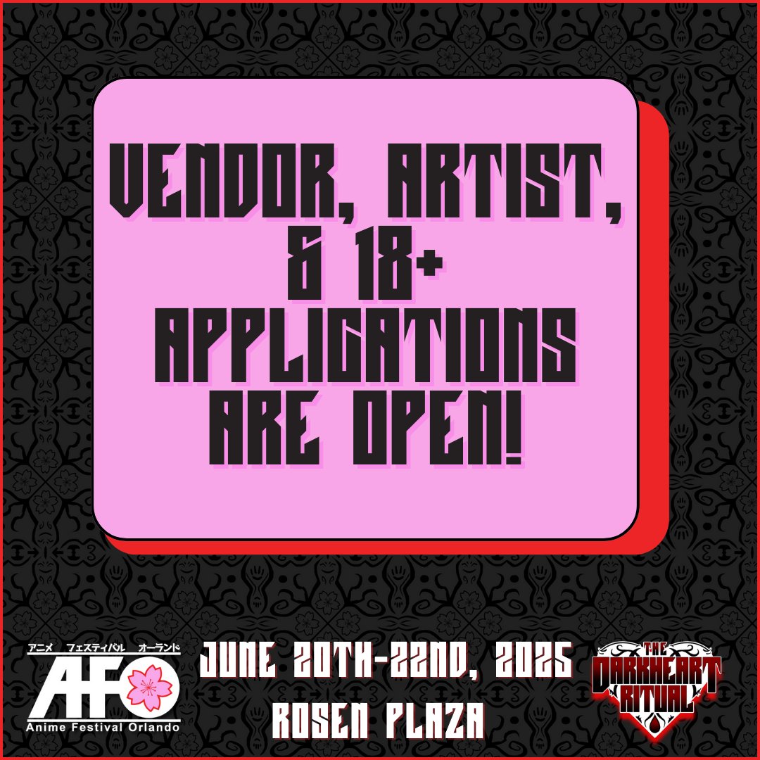 🎨✨Applications for AFO 2025 are officially LIVE! ✨🎨

📋 Apply Now:
🛍️ Vendor Room: animefestivalorlando.com/vendor-room
🎨 Artist Alley: animefestivalorlando.com/artist-alley
🔞 18+ Marketplace: animefestivalorlando.com/18-marketplace
🗓️ Deadline: February 1st, 2025
📩 Results Sent By: March 15th, 2025