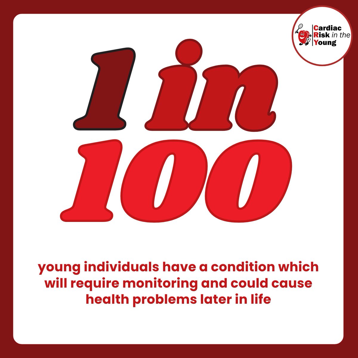 1 in 100 Young individuals have a cardiac condition which will require monitoring and could cause problems in later life if left undiagnosed. CRY aims to save young lives by offering screening to anyone aged 14-35. To support CRY like, share or donate at c-r-y.org.uk/donate/