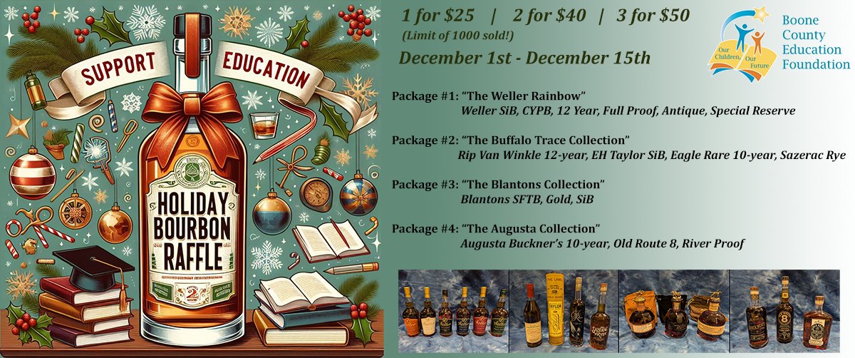The BCEF Holiday Bourbon Raffle is back! Help us raise money for teachers providing innovative programs in their classrooms so they don't have to pull money out of their own pockets! All while having a chance to win some rare bourbon. Win, Win! boonecountyeducationfoundation.org/holidaybourbon…