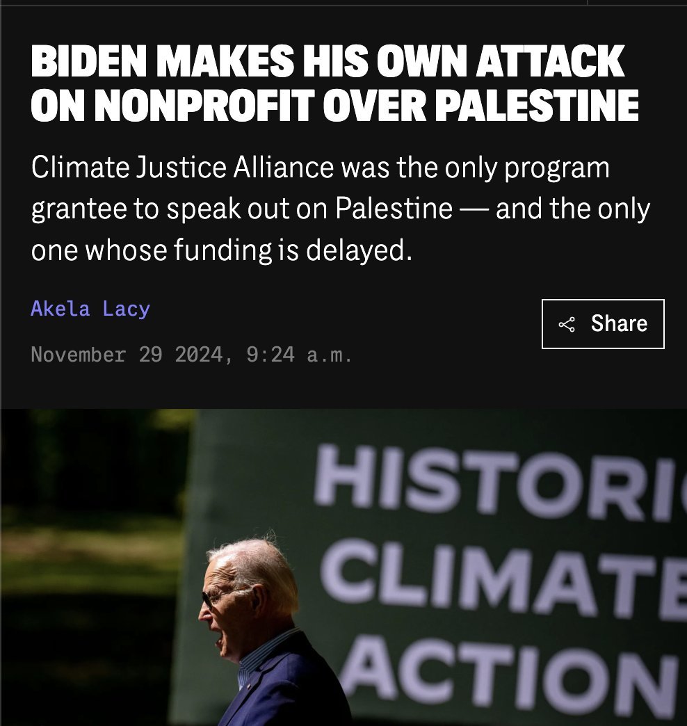 PushDemsLeft's tweet photo. Biden went from pretending to care about climate justice and a ceasefire in Palestine, to blocking federal funding for a climate justice nonprofit because they dared to call for a ceasefire in Palestine. https://t.co/uG1VdNZE1U
