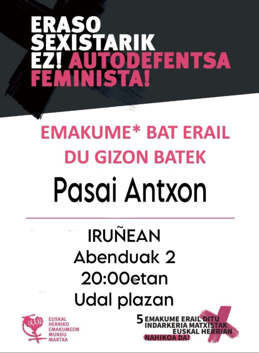 🚨 Una mujer asesinada por su expareja en Pasai Antxo.
🚨 Emakume bat hil du bikotekide oihak Pasai Antxon.

ASKI DA!
Concentración en Iruñea:
 
Abenduak 2 astelehena / 
Lunes 2 de diciembre
20:00
Plaza del Ayuntamiento