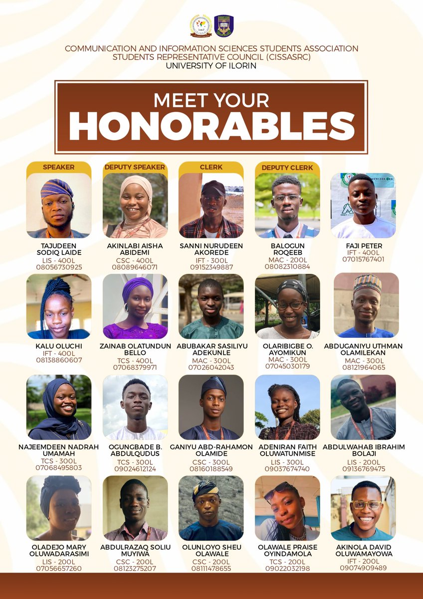 cissa_src's tweet image. They say it is better late than never!💯

Dear all, kindly meet your Honourables. Each department (Constituency) has four Honourables across all levels, and the entirety of the Students Representative Council of CISSA have 20 Honourables in total.

Know Your Honourables!