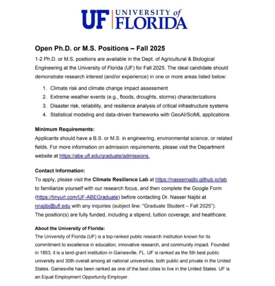 DissertationUS1's tweet image. University of Florida open PhD and master positions.
