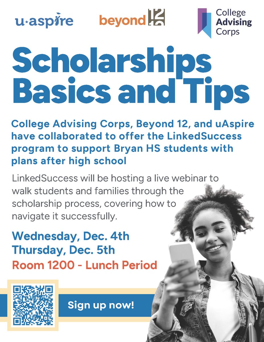 BHSAdvisors's tweet photo. Seniors, please take advantage of this opportunity to learn more about the scholarship process! You can attend during your lunch period on Wednesday or Thursday! @LaneBuban @donnawillett4 @uAspire https://t.co/dSquA6lvIk