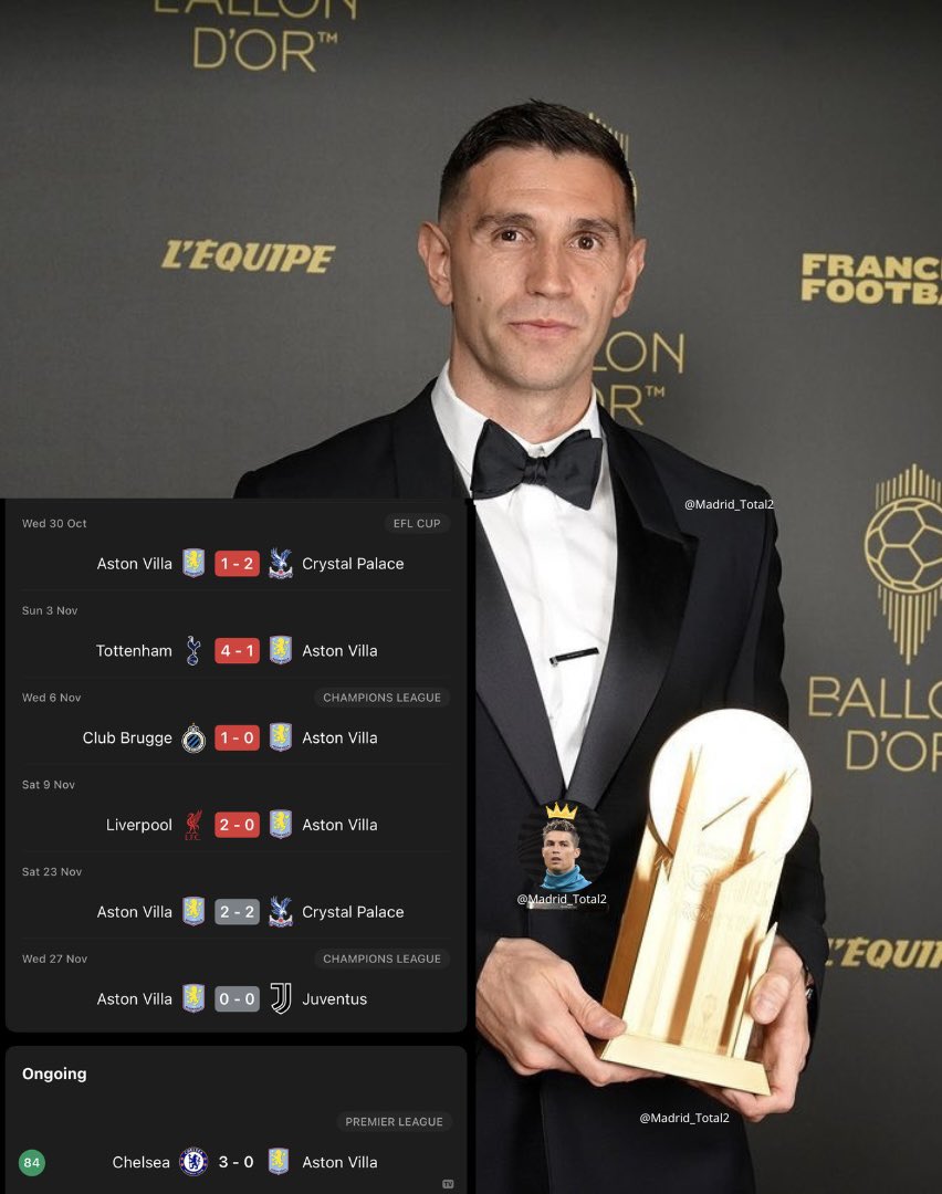 madrid_total2's tweet photo. El Aston Villa NO HA GANADO NINGÚN PARTIDO desde que le regalaron el Premio Yashin al Dibu Martínez.

7 partidos
7 perdidos
13 goles recibidos

🗣️ EL MEJOR DEL MUNDO! 😂 https://t.co/rsYQwk32Tu