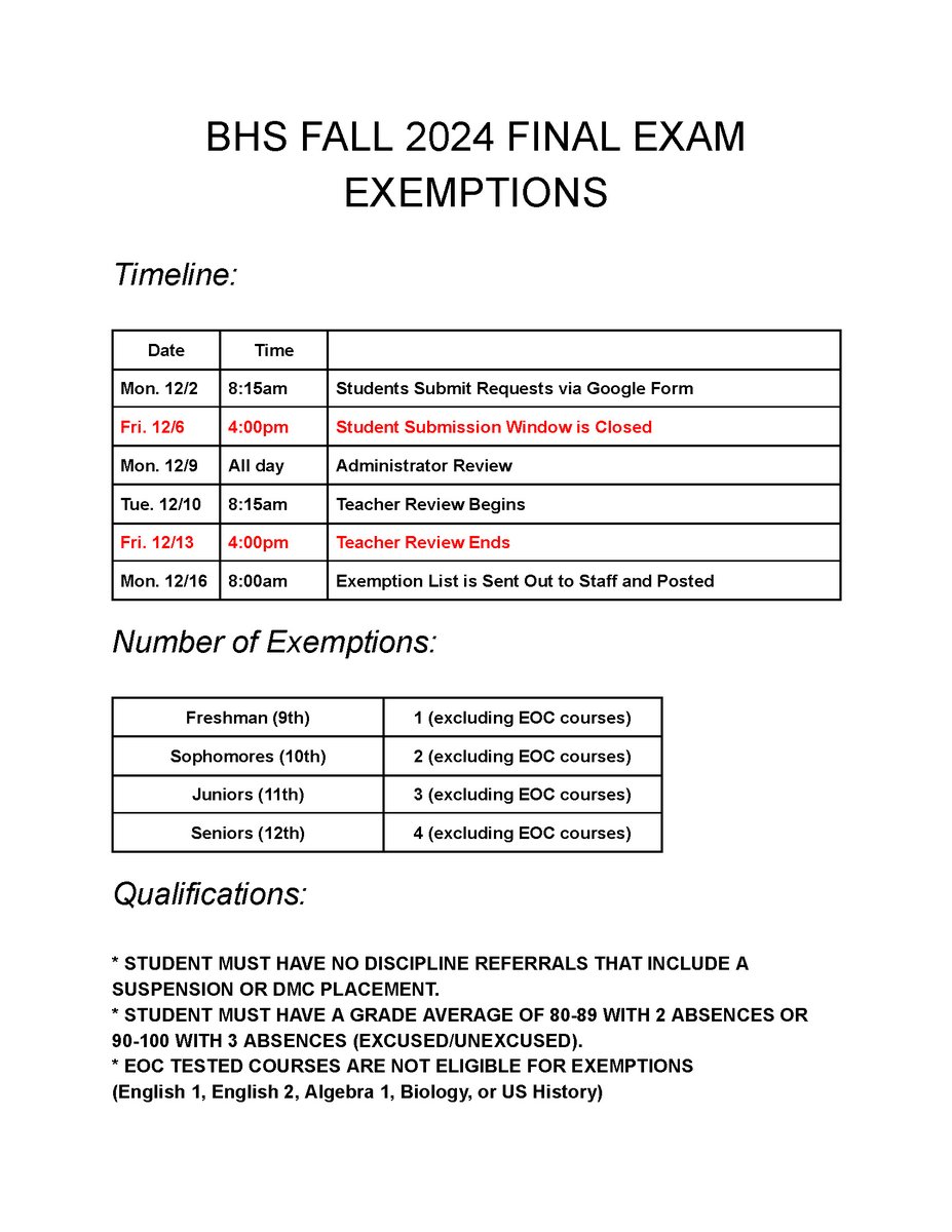 BHSAdvisors's tweet photo. Students, the exam exemption process starts TOMORROW! Codes will be available around campus so that you can access the Google Form. @LaneBuban https://t.co/5ZEE8A569k