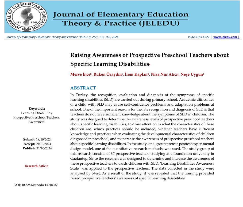 Jel_Edu's tweet photo. 📈Raising Awareness of Prospective Preschool Teachers about Specific Learning Disabilities

Merve İNCE &amp; Ruken ÖZAYDIN &amp; İrem KAPLAN &amp; Nisa Nur ATICI &amp; Neşe UYGUN 
 
✅ https://t.co/YOhLRVYiXu

#learningdisabilities #Awareness https://t.co/zj9k1hcUlv