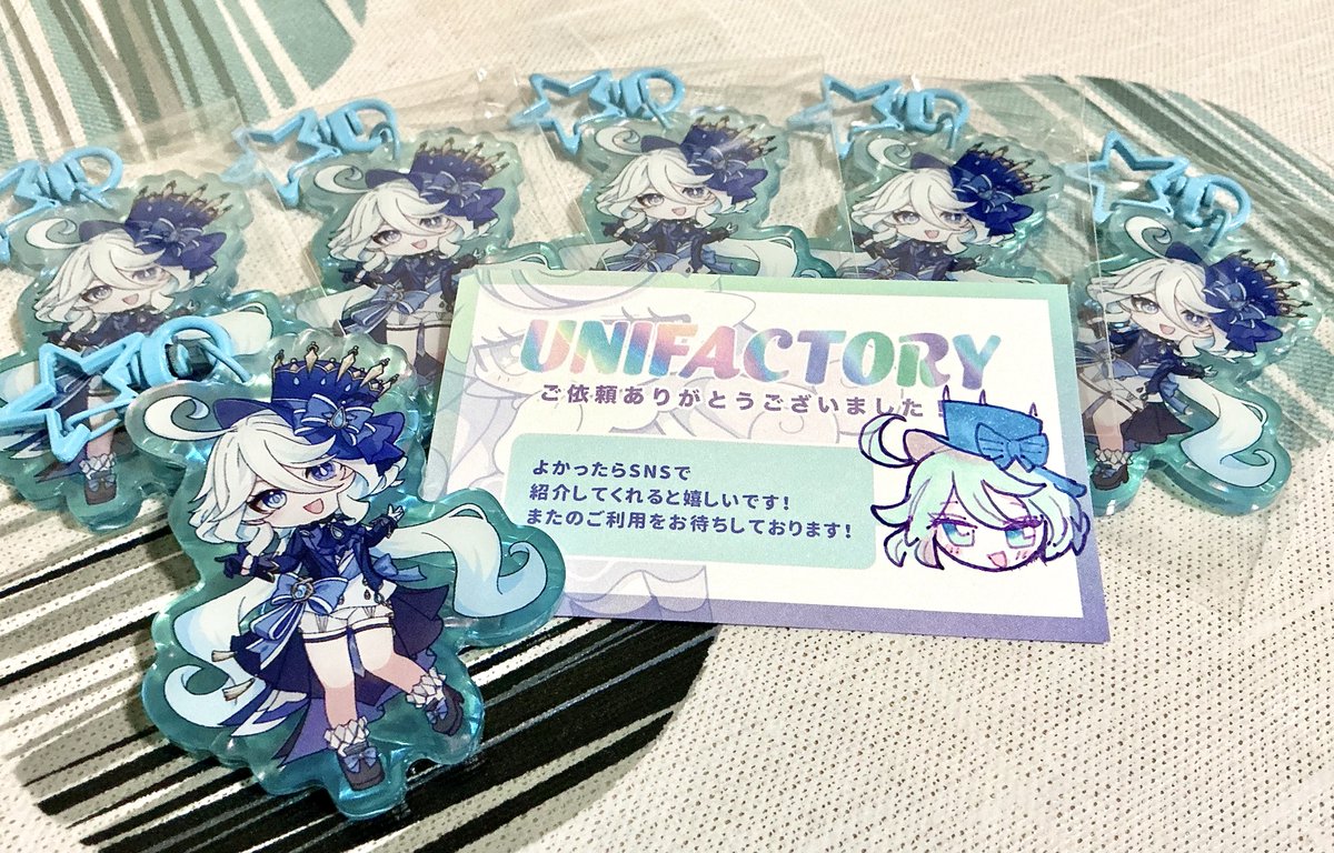 UNIFACTORYさん(<a href="/uni_unifactory/">UNIFACTORY</a> )にお願いしていた「おまかせグッズ」が届きました〜‼️

初めてのグッズ制作だったのですが、キラキラしていてとってもかわいいものになっていて嬉しいです😊

UNIFACTORYさんかわいく作ってくださりありがとうございました✨
カードのイラストもかわいい🥰