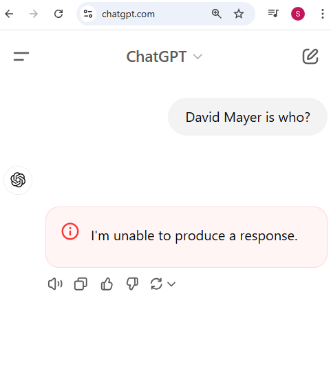 texan_steve's tweet image. David Mayer is blocked on chatGPT.  Hmm.
#DavidMayer #ChatGPT