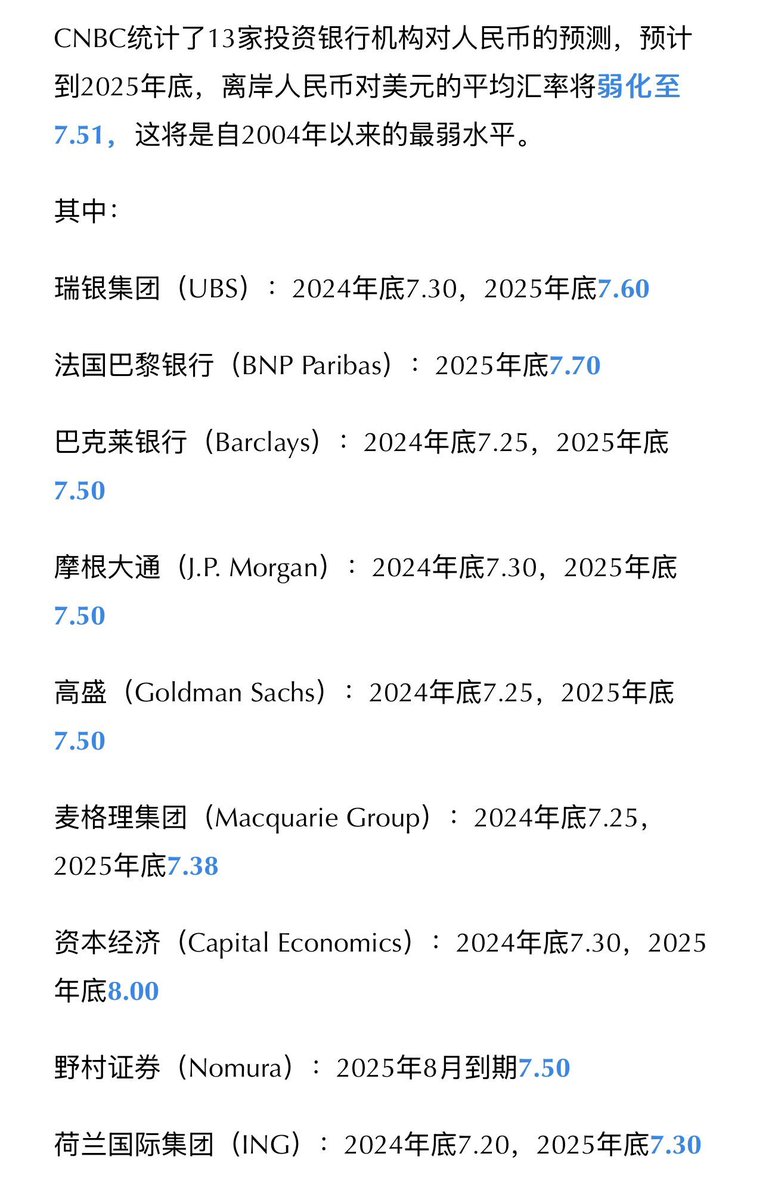 CNBC统计了13家投资银行机构对人民币的预测，预计到2025年底，离岸人民币对美元的平均汇率将最低会降至7.51，这将是自2004年以来的最低水平。