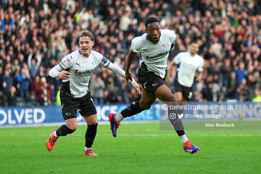 Ebou Adams of Derby County celebrates his goal to make it 1-0 during the Sky Bet Championship match Derby County vs Sheffield Wednesday at Pride Park Stadium, Derby, United Kingdom, 1st December 2024 (Photo by Alex Roebuck/News Images)

#derby