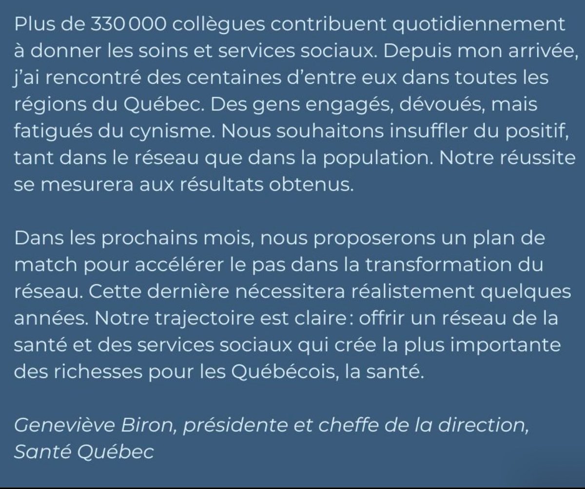 Bon matin Santé Québec,

Bien hâte de voir si cette autre réforme créera des bordels administratifs. Il y a tellement de problèmes dans nos réseaux. 😤

Bonne chance <a href="/GenevieveBiron_/">Genevieve Biron</a> !

[Extrait de la lettre ouverte en pièces jointes]

#pol #polqc #polcan #quebec