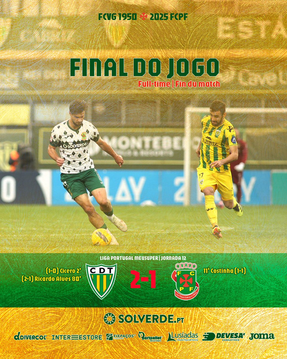 fcpf's tweet photo. #LigaPortugalMeuSuper | #CDTFCPF | 2-1 | 📣 90+4' Termina o encontro. Obrigado a todos os Pacenses pelo apoio.
⚽ Costinha (11')
#DefendeOAmarelo 🔰 https://t.co/ica25V4eNo