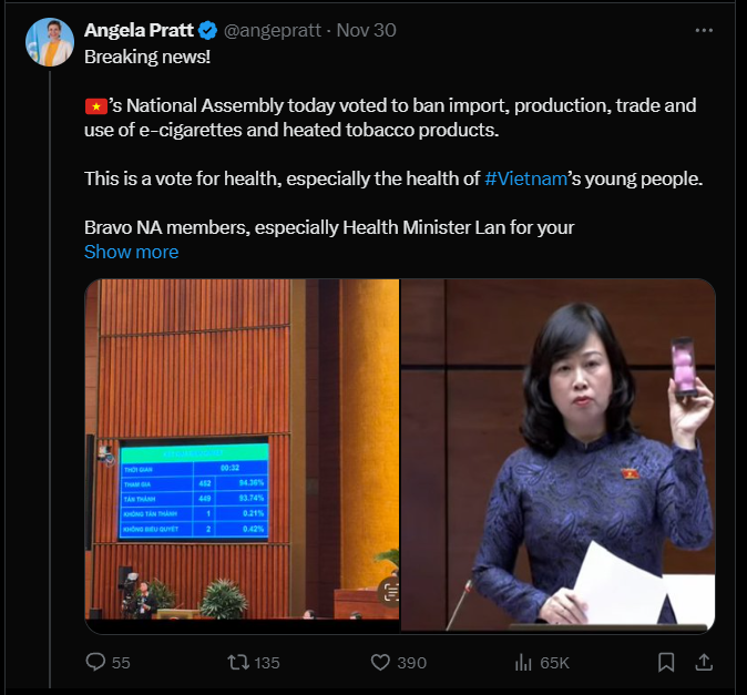 Vietnam creates a nicotine monopoly for tobacco cigarettes by banning the sales of minimally harmful alternatives.
And a WHO representative celebrates the creation of a tobacco cigarette monopoly! Shocking and totally irrational damage to public health