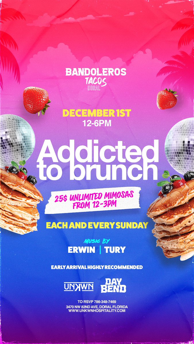 Today we brunch starting at 12pm only at Bandoleros Doral 🥂🍾