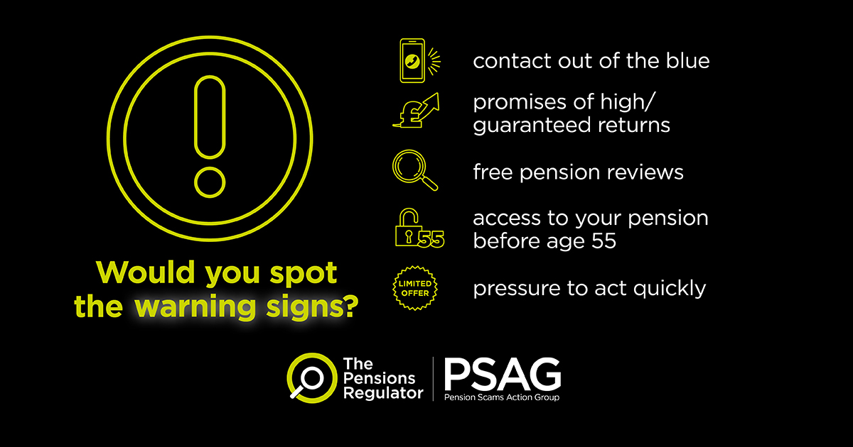 5 warning signs of a pension scam...

If you spot any of these signs, stop and think.

Don’t rush into making a decision.
bit.ly/4fOdTfn #StopThinkFraud #KnowTheSigns #StopScams