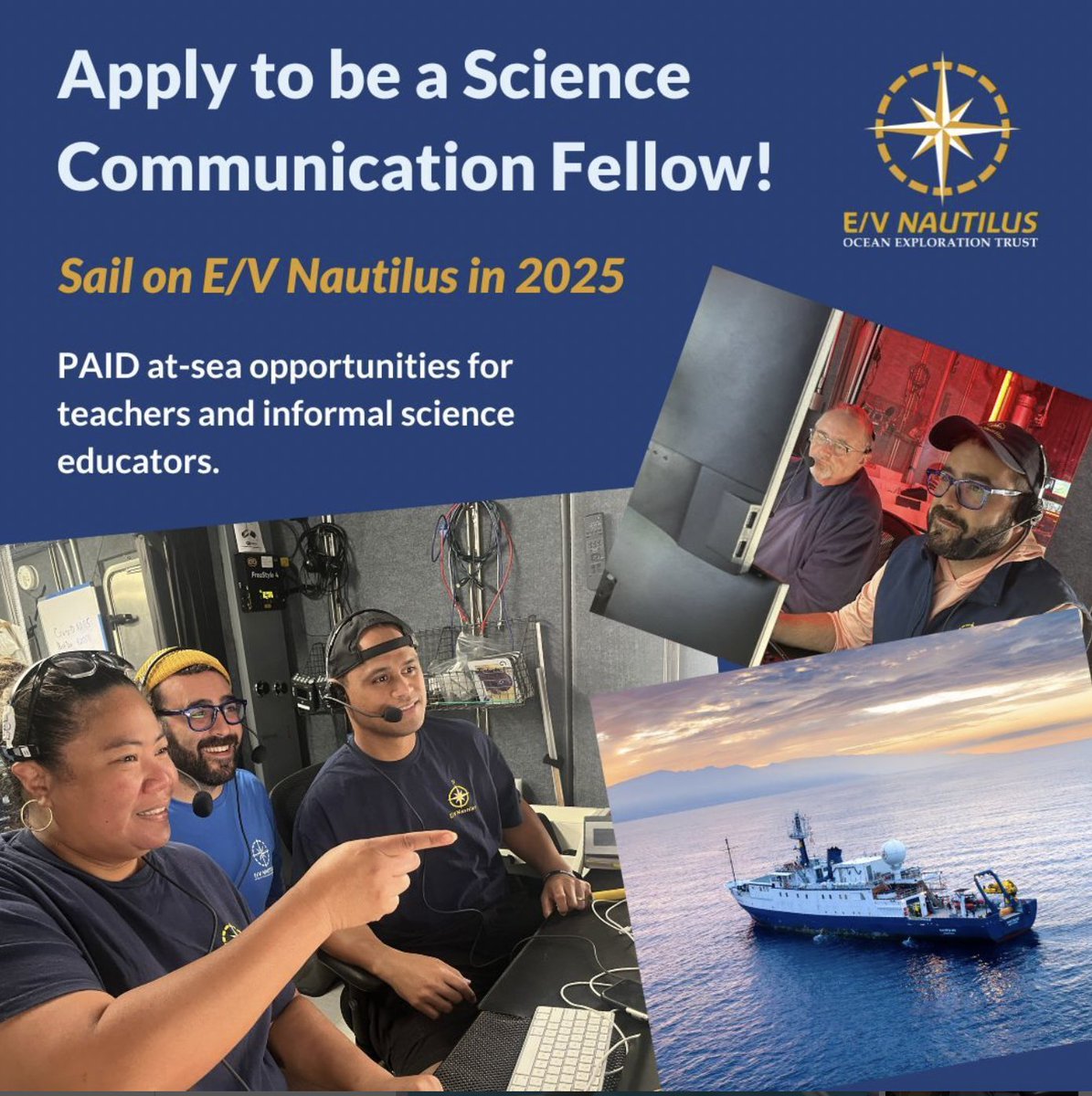 Attention #teachers and informal #educators, #sciencecommunicators, and #artists! You can now apply for a PAID #ScienceCommunicationFellowship to sail aboard #EVNautilus in 2025. Learn more and apply by January 3 at nautiluslive.org/education