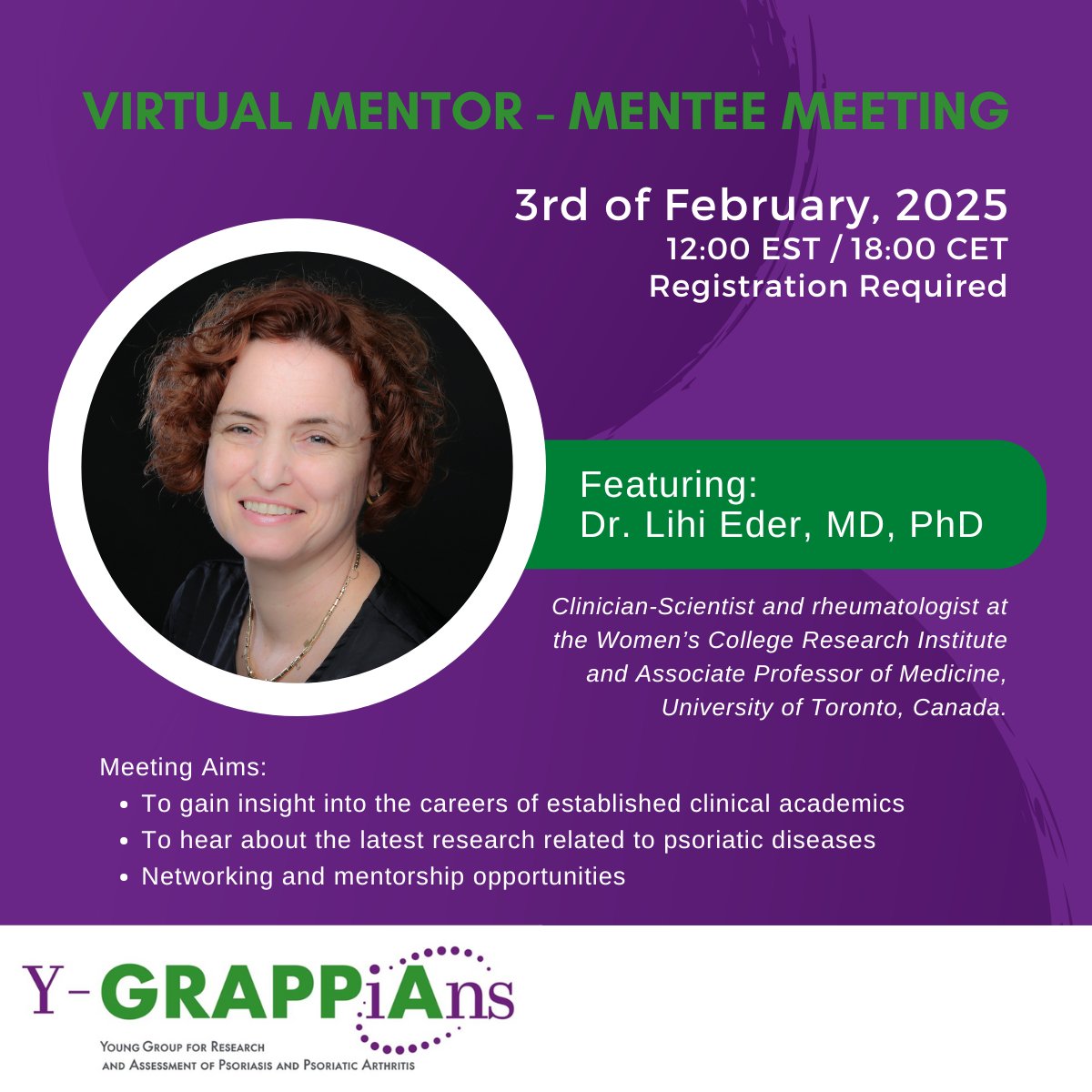 🚨 Save the Date and Register Now! Virtual Mentor-Mentee Meeting 🚨  

🗓️ When: February 3rd 
🎤 Featuring: Dr. Lihi Eder  

Join us for this exciting opportunity to: 
✅ Gain insights into the career journeys of established clinical academics 
✅ Explore the latest research