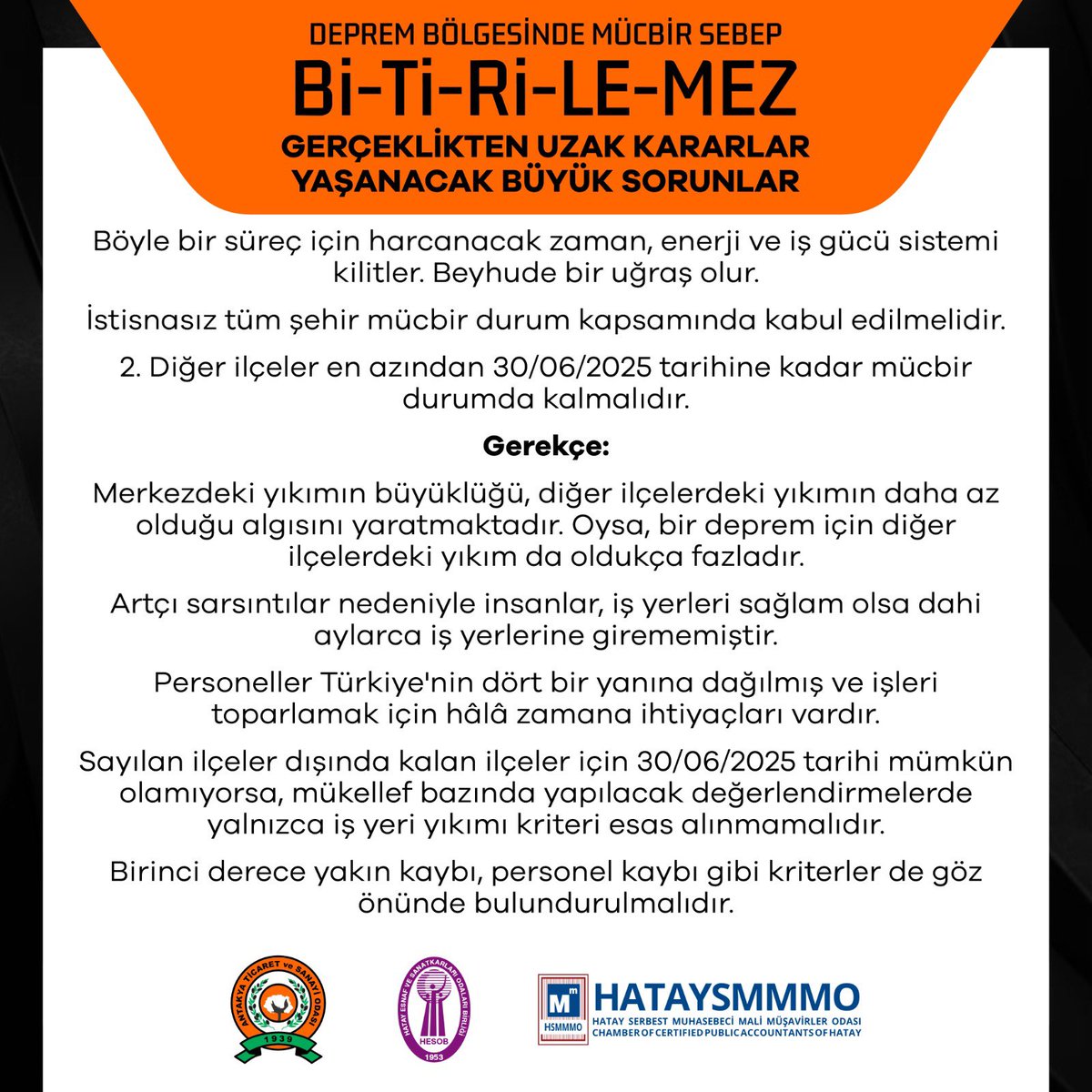 DEPREM BÖLGESİNDE MÜCBİR SEBEP Bİ-Tİ-Rİ-LE-MEZ
GERÇEKLİKTEN UZAK KARARLAR YAŞANACAK BÜYÜK SORUNLAR

<a href="/RTErdogan/">Recep Tayyip Erdoğan</a> <a href="/memetsimsek/">Mehmet Simsek</a> <a href="/MaliyeBakanligi/">Hazine ve Maliye Bakanlığı</a> 

#mücbirsebepuzatılsın #bireyselbaşvurukabuledilemez #koşulsuzmücbirsebep
#gib #mehmetşimşek #receptayyiperdoğan #cumhurbaşkanlığı