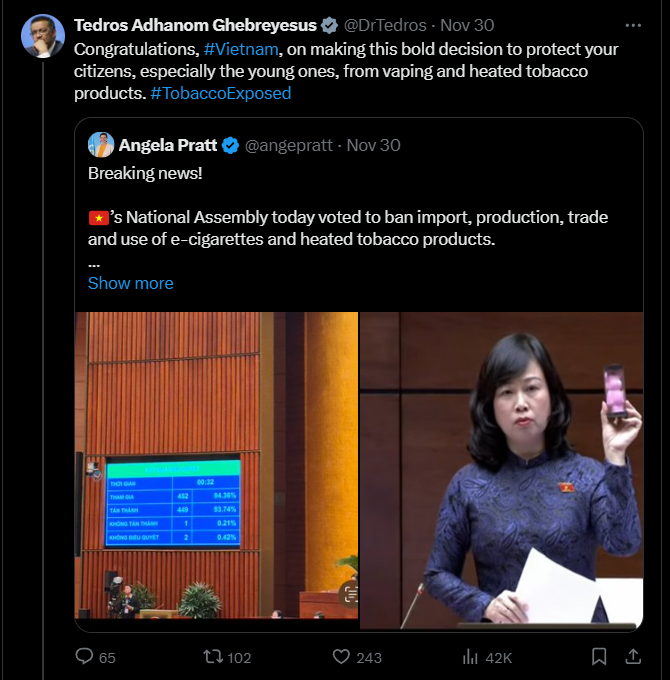 The WHO director celebrates the creation of a nicotine monopoly for tobacco cigarettes through banning minimally harmful alternatives. A measure that punishes smokers and deprives them of the human right of health promotion (having access to harm reduction products). Unbelievable