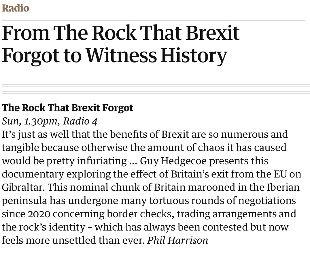 Richard Colebourn (@rcolebourn) on Twitter photo Ever since the UK left the EU, talks have been going on with all parties to resolve the issues for Gibraltar - which barely register in the UK. They're still unresolved as BBC's <a href="/Hedgecoe/">Guy Hedgecoe</a> finds. Listen here -bbc.co.uk/sounds/play/m0… Pick of the radio in Guardian + Sunday Times Ever since the UK left the EU, talks have been going on with all parties to resolve the issues for Gibraltar - which barely register in the UK. They're still unresolved as BBC's <a href="/Hedgecoe/">Guy Hedgecoe</a> finds. Listen here -bbc.co.uk/sounds/play/m0… Pick of the radio in Guardian + Sunday Times
