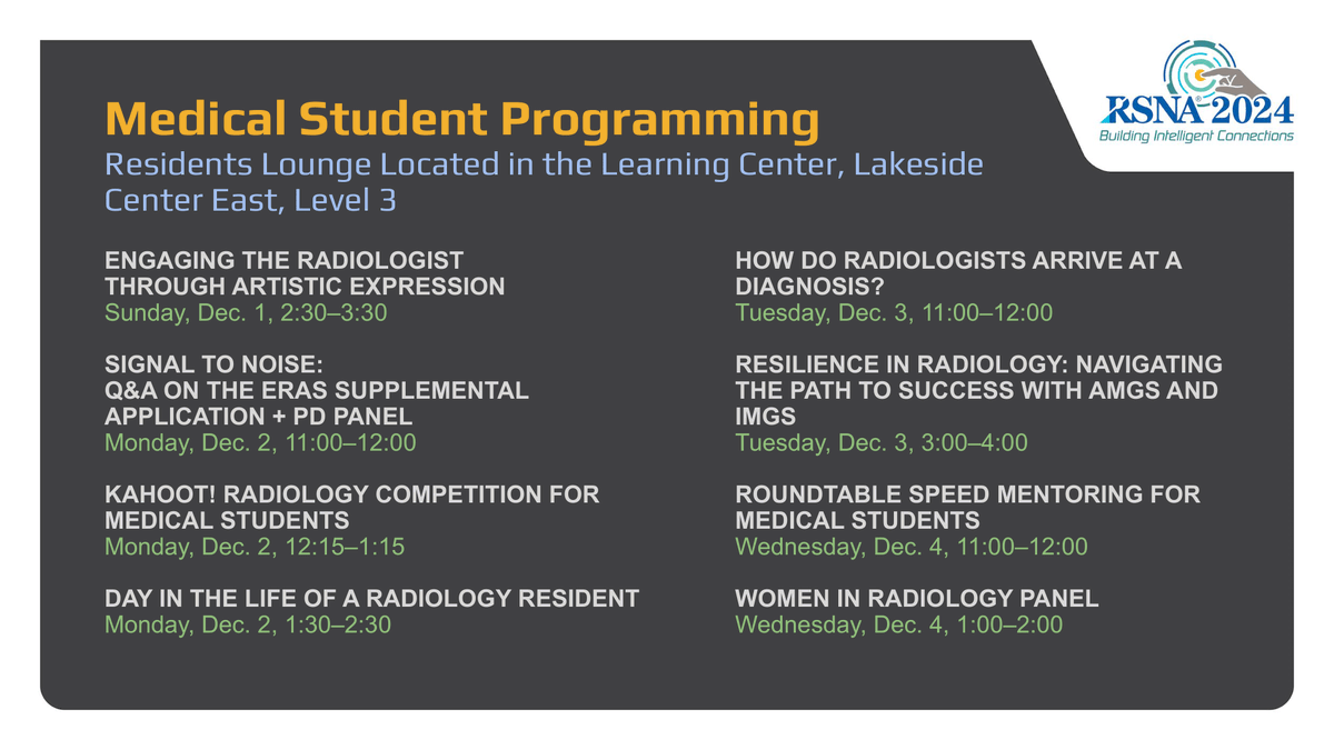 #FutureRadRes attending <a href="/RSNA/">RSNA</a> #RSNA24!
Be sure to join us today, Monday, Dec. 2nd for the following 3 events presented by <a href="/RSNATrainees/">RSNATrainees</a> Medical Student Task Force!!

-Program Director Panel 11 am
-Kahoot! Competition 12:15 pm
-Resident Panel 1:30 pm