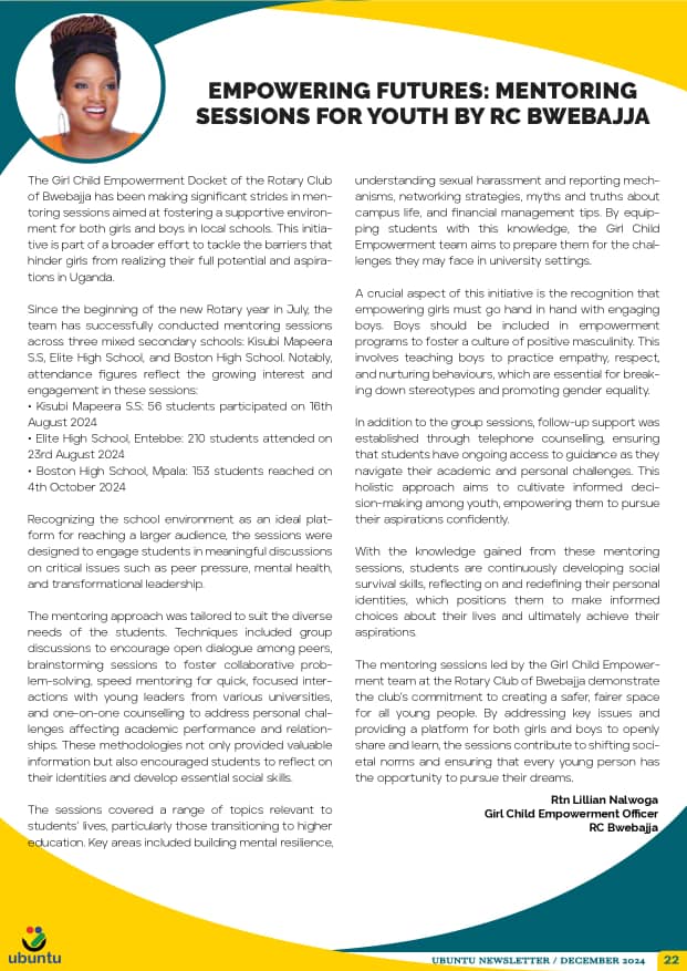 RcBwebajja's tweet image. The Girl Child Empowerment Docket is making a difference! Check out their work in the December @D9214 Ubuntu Newsletter. 
#WeAreBwebajja #GirlChildEmpowerment