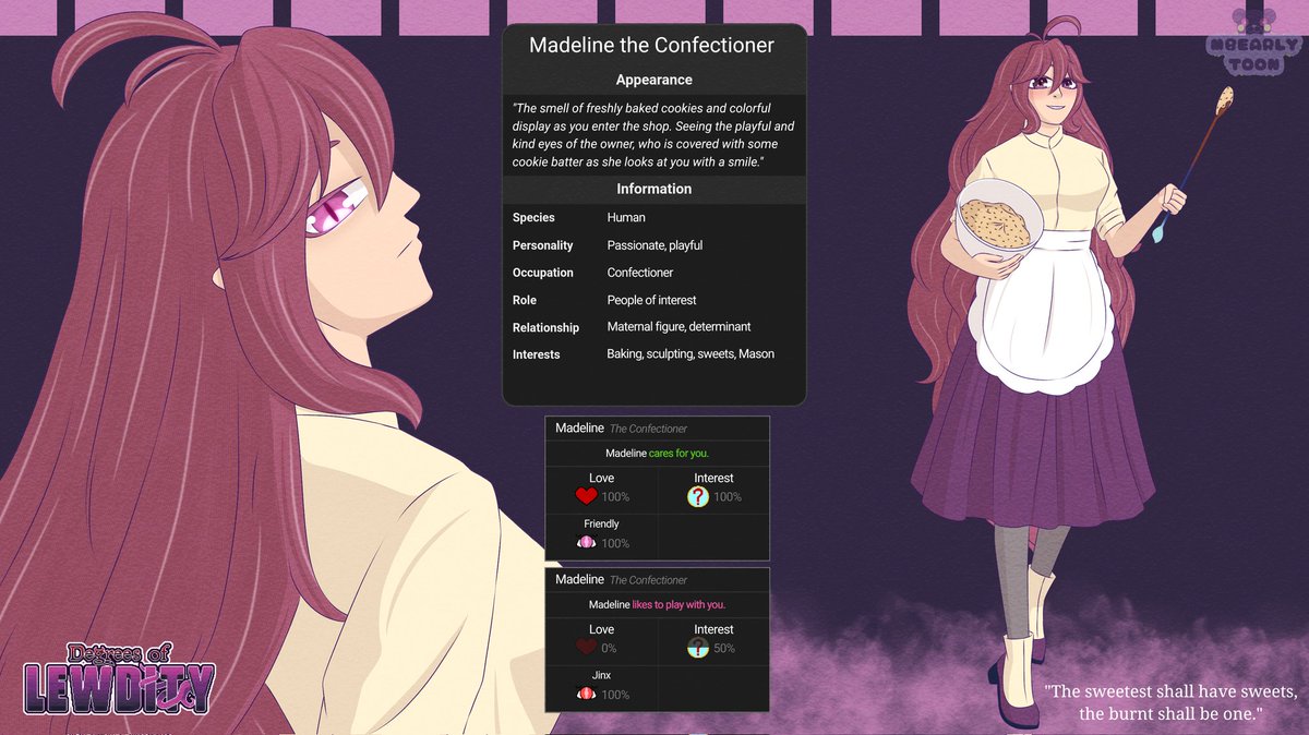 MToonyBear's tweet photo. #DegreesofLewdity #DoL #DoLNPC 
"She's quite a fascinating enigma. Though, I do enjoy her creations. Izumi and I enjoy her macarons. It suited our taste from flavor to texture. It's as if she's been making it for us for a long time. Also, quite affordable." - Wynn https://t.co/OHZoUaJBDS