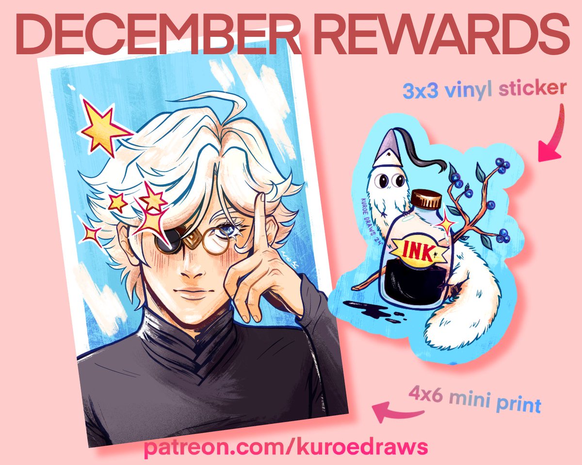 kuroedraws's tweet photo. It's the first of the month so you know what that means, rewards announcement time! Snag some #witchhatatelier goodies, featuring everyone's fave male wife #qifrey and a wittle #brushbug sticker! https://t.co/pv6kWnXoOQ