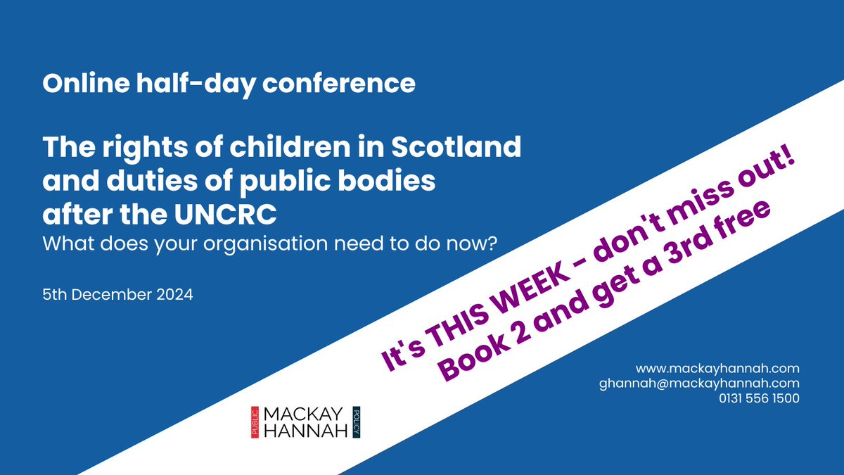 MacKayHannah's tweet photo. This Thursday join @supportCHAS @RamiOkasha @together_sacr @tam_baillie @improvserv @beckyporty @AberlourCCT @clanchildlaw @Place2BeScot to examine your compliance with #UNCRC law in Scotland.
Info: https://t.co/RFqK8fW9kz
Date: 5 Dec 2024
Cost: £149, get 3 for 2
#ChildrensRight https://t.co/99TjX8MBQ3