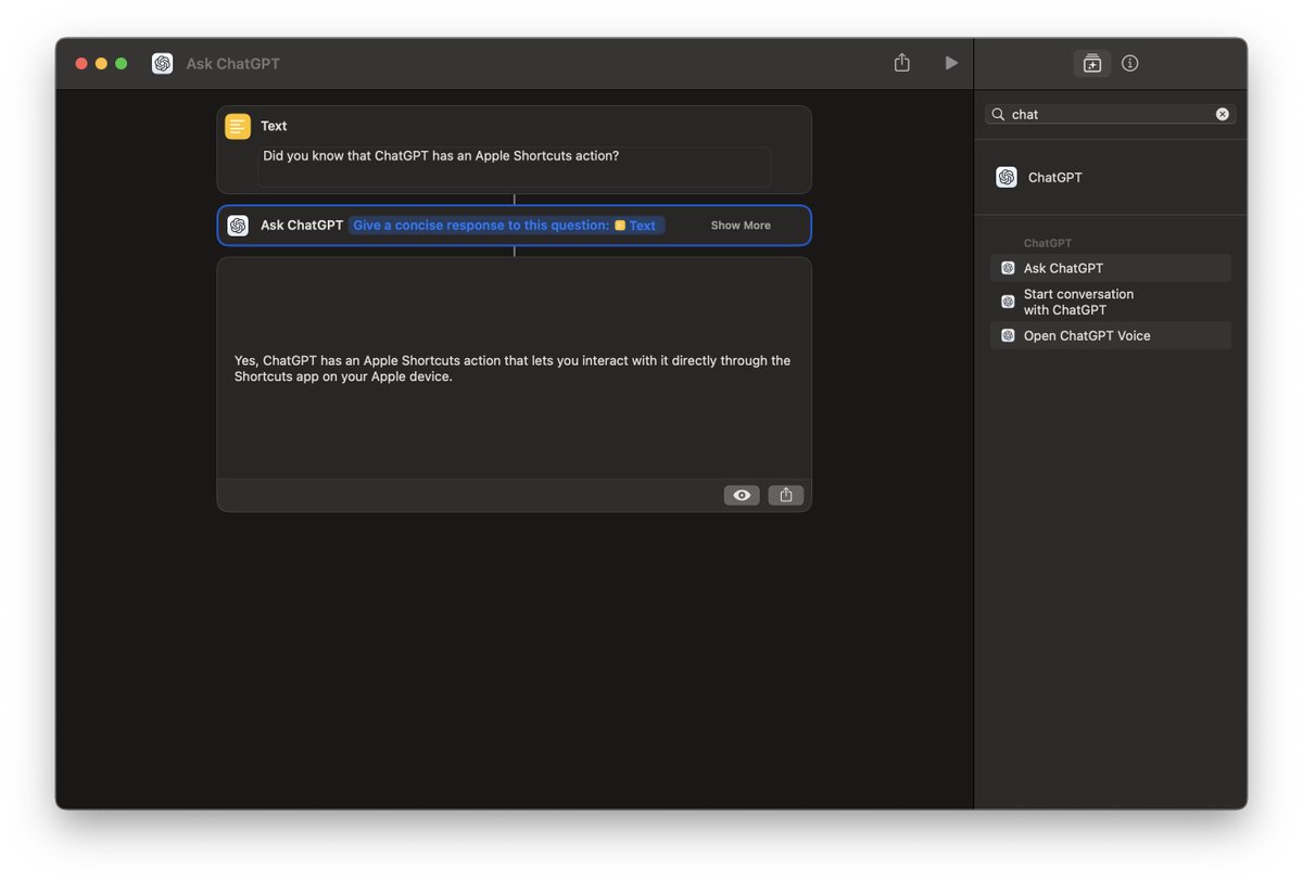 JackSteamDev's tweet photo. @ChatGPTapp desktop has an Apple Shortcut action. https://t.co/RZFixDHh3w