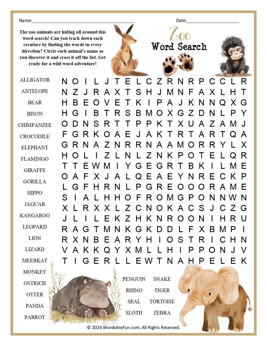 Words_Are_Fun_'s tweet photo. Explore the wonders of the animal kingdom with this Zoo Word Search! It’s packed with fun and fascinating words that bring the magic of the zoo to life. https://t.co/qYdOBn1184 #wordsearch #freeprintables #zootrip #fieldtrip #vocabulary #classroom #AnimalsLover https://t.co/HcIo8g0XQr