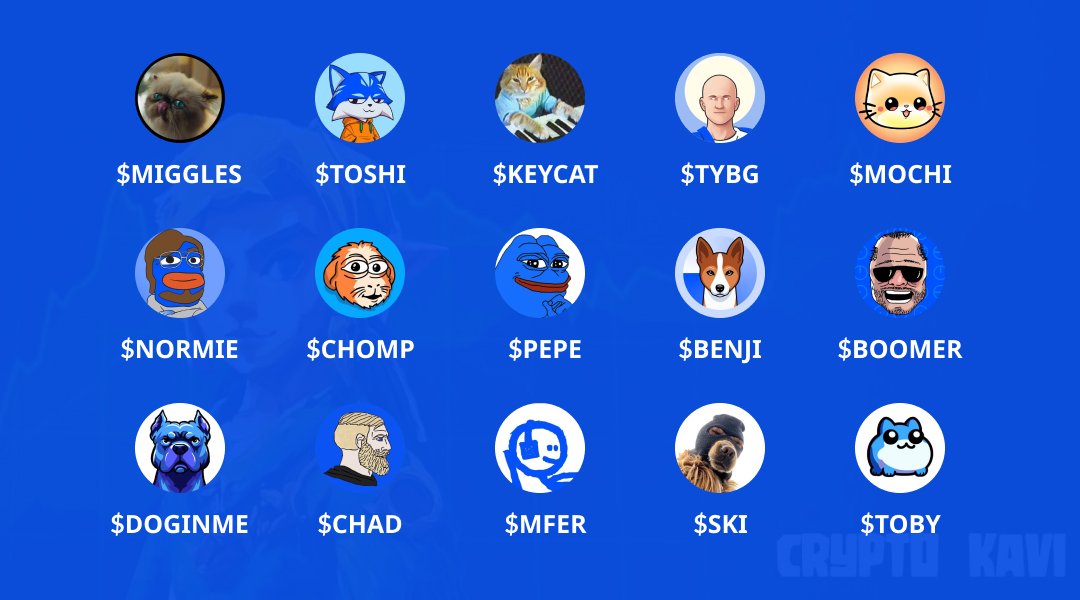 CryptoKaviYT's tweet photo. TOP BUY 15 MEMES ON @BASE 🔵

1-5 :#MIGGLES, $TOSHI, $KEYCAT, $TYBG, $MOCHI.

6-10: $NORMIE, $CHOMP, $PEPE, $BENJI, $BOOMER.

11-15: #DOGINME, $CHAD, $MFER, $SKI, $TOBY. https://t.co/Dl0W6t7IyA
