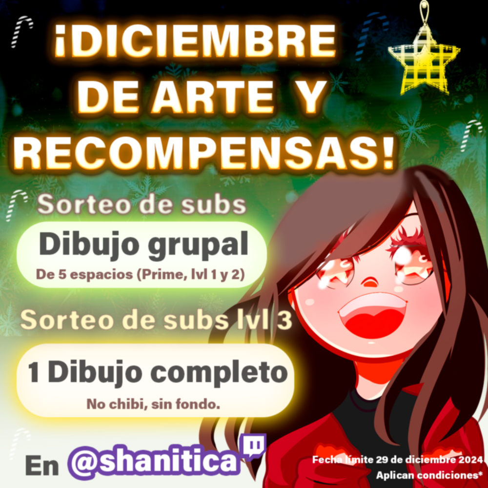 shanitica's tweet photo. 🎨 Diciembre de arte y recompensas 🎨

¡Participa en el Collab Grupal o
gana un dibujo completo! 🖌️

📅 Inicio: 1 dic | Fecha límite: 29 dic 2024
🎉 Sorteo: 31 dic 2024
Más info en el hilo ⬇️

#sorteo #draw #drawing #twitch https://t.co/6192xRmer3