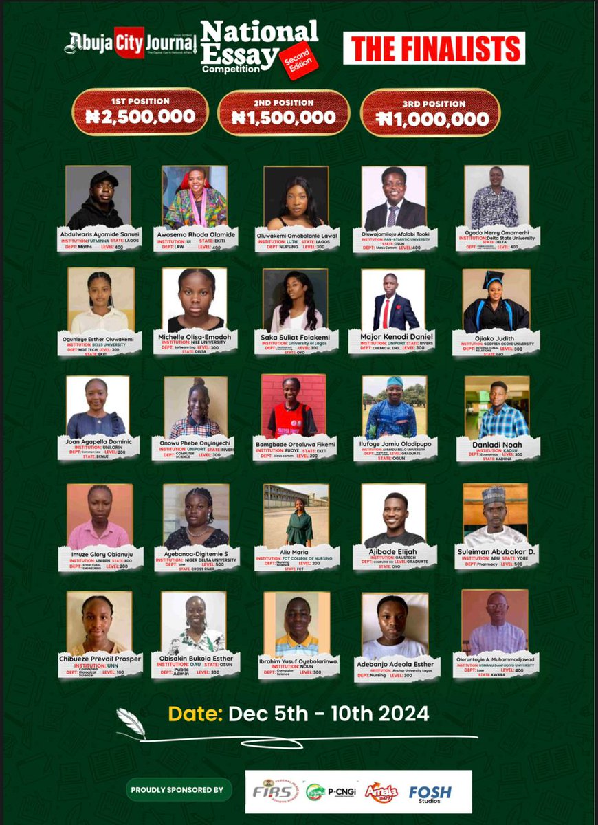 AbjCityJournals's tweet photo. Meet the Brilliant Minds!

Here are the faces of the exceptional finalists for the 2nd Edition of the Abuja City Journal National Essay Competition.

Who will emerge as the top 3?

Stay tuned as we celebrate their journey to the grand finale!

#ACJEssay

Man United Aso Rock #BTC https://t.co/agLr5zZFYN