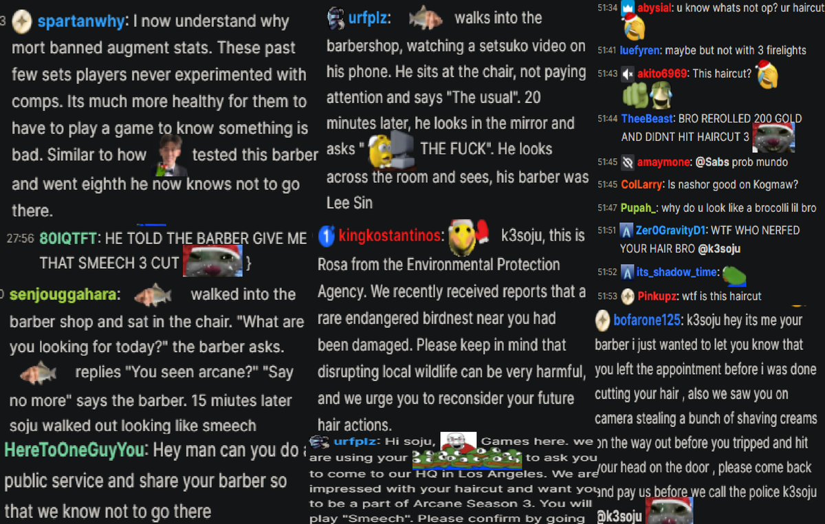 Kiyoon's tweet photo. *TFT REPORT* Soju got a new fresh haircut and he is just getting harassed by his chat the whole stream 😭. I gathered all the copy pastas within the first 10 minute of his stream. https://t.co/ScnExGwUQf