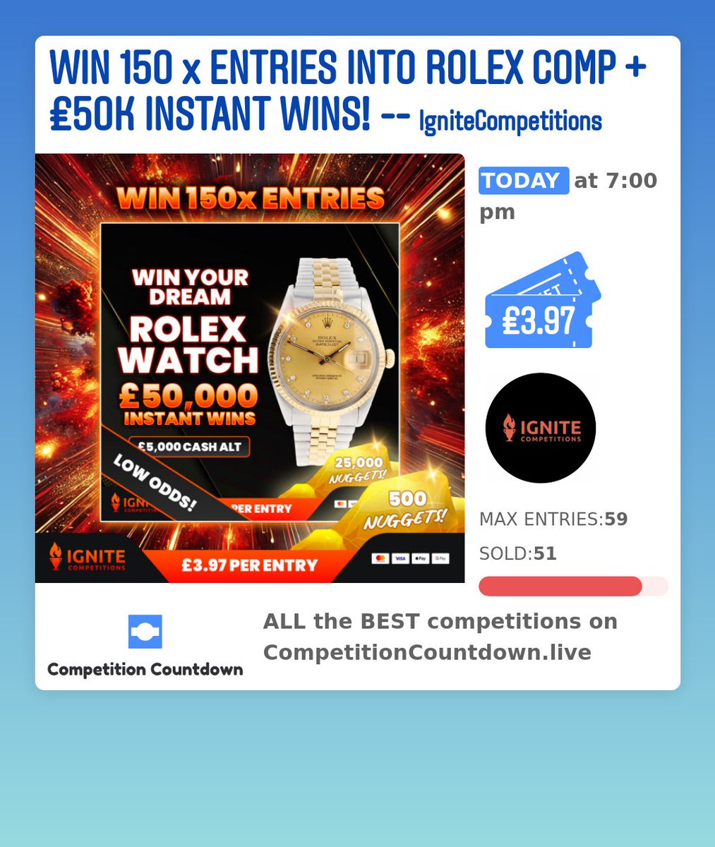 CompetitionCou1's tweet image. Check out this competition on competitioncountdown.live ! 
WIN 150 x ENTRIES INTO ROLEX COMP + £50K INSTANT WINS!
 Competition Countdown does not run any competitions, we just show you all the best one is one place! 🔥🔥 WOW 👀 
 
 #stylediary #winmoney #whatiwore #womenand...