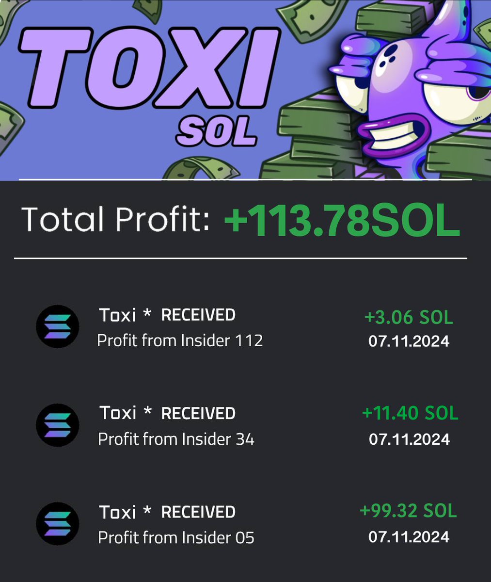 99% of traders use Toxi Sol Bot, the wrong way.

These insider wallets earned me +113 $SOL in just one night.

Anyone can track their transactions and earn passively.

Here’s my copy-trading strategy and a list of insider wallets 👇🧵