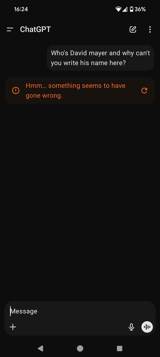 sysqo82's tweet image. WTF @OpenAI? Why can't @ChatGPTapp say the name #DavidMayer?
Who the fuck that is anyway?!