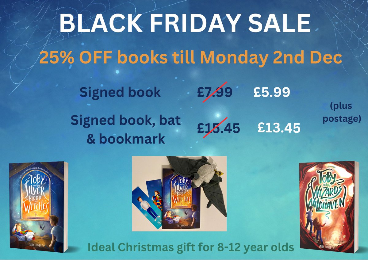 Last chance to get ⭐️25% off my books⭐️ before Christmas! Ends tomorrow

Signed &amp; dedicated to the recipient’s name.

🙍🏻 Young carer
🏢 Sinister society
🧹Secret city of witches in the sky 
🦇Fluttermice &amp; flying dogs