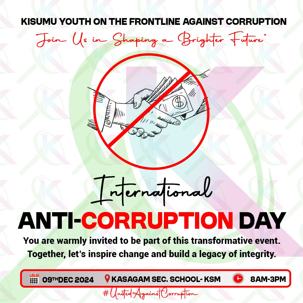 The world will be celebrating International Anti-Corruption Day (IACD) 2024 in 8 days time.This year’s theme is “Uniting with Youth Against Corruption: Shaping Tomorrow's Integrity."
#UnitedAgainstCorruption
<a href="/KiscaAlliance/">Kisumu County Accountability Alliance</a>
<a href="/clscbo/">Community-Led Solutions CBO</a> 
<a href="/TinadaOrg/">TINADA Youth Action Africa (TYAAfriq)</a>