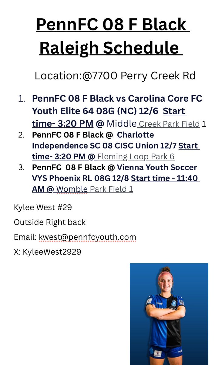 Kylee West (@kyleewest2929) on Twitter photo Can’t believe the time is here. My PennFC 08 f Black team and I will be attending the Raleigh Showcase in Raleigh, North Carolina on December 6th. See you soon Raleigh. Schedule below!
<a href="/PennFCYouth/">PennFC Youth</a> <a href="/ImCollegeSoccer/">College Soccer Truth ™</a> <a href="/BelmontAbbey/">Belmont Abbey College</a> <a href="/CokerUWSOC/">Coker University Women's Soccer</a> <a href="/CatawbaWmnSoc/">Catawba Women's Soccer</a> Can’t believe the time is here. My PennFC 08 f Black team and I will be attending the Raleigh Showcase in Raleigh, North Carolina on December 6th. See you soon Raleigh. Schedule below!
<a href="/PennFCYouth/">PennFC Youth</a> <a href="/ImCollegeSoccer/">College Soccer Truth ™</a> <a href="/BelmontAbbey/">Belmont Abbey College</a> <a href="/CokerUWSOC/">Coker University Women's Soccer</a> <a href="/CatawbaWmnSoc/">Catawba Women's Soccer</a>